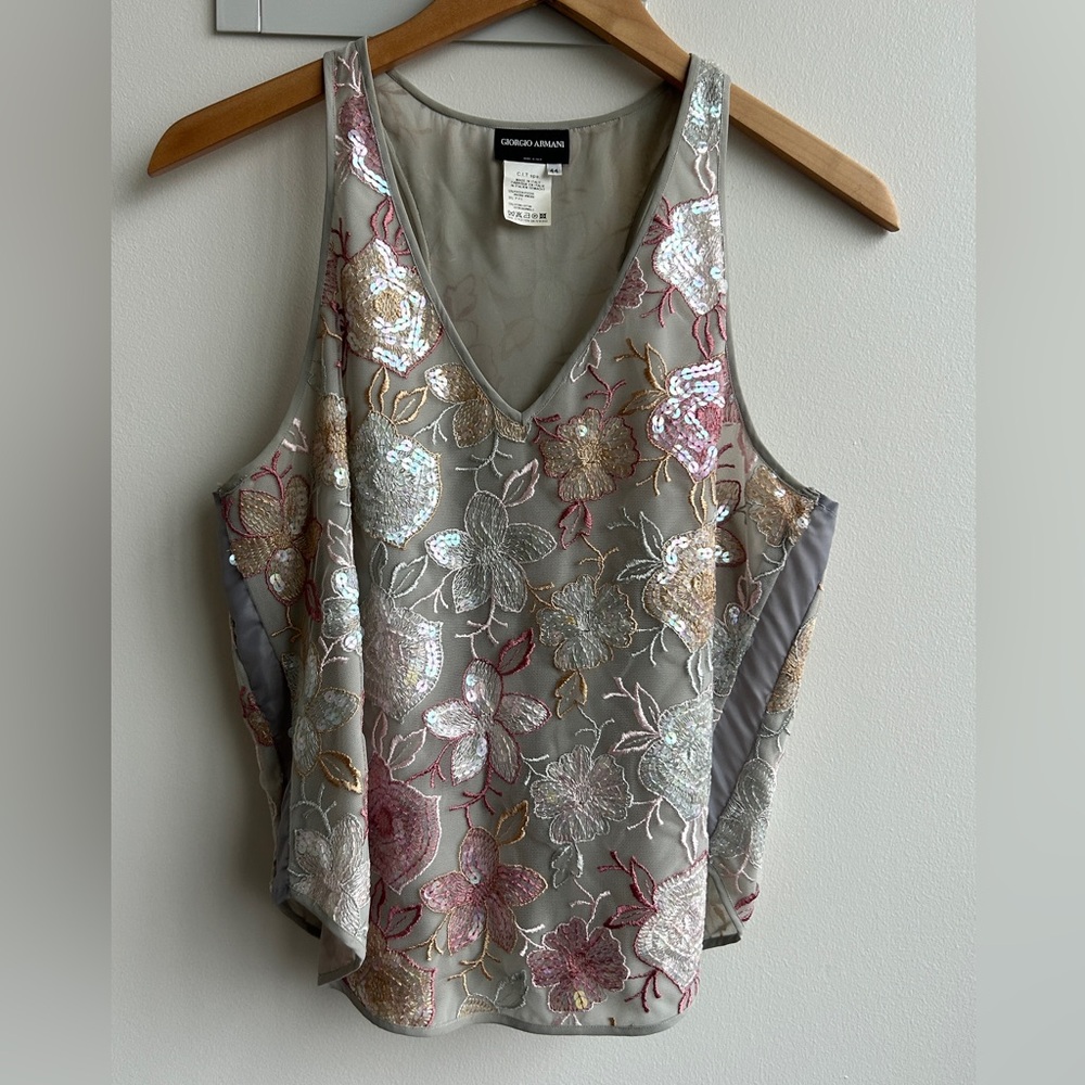 Giorgio Armani Embroidered Silk Blend Top Black Floral Sequin Made in Italy
